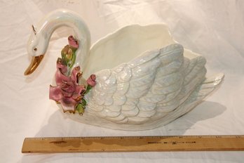 Vintage Italian Porcelain Iridescent Swan Pot /vase With Guilded Pink Roses- Large