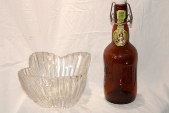 Grolisch Beer Bottle ( Quite Ornate) With Stickers, Working Top And Possible Leaded Glass Nut / Candy Bowl