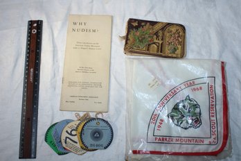 Ephemera - Nudism Brochure 1800-1900 Autograph Book, Ski Passes, 1968 Boyscout Kerchief / Flag