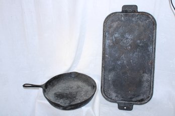 2 Pc Cast Iron Lot, Pan And Skillet