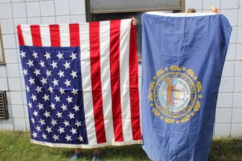 Large American Flag And Med New Hampshire Flag