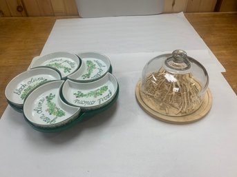 CHEESE DOME SERVER AND LAZY SUSAN PICKLE OLIVE DISH
