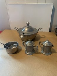LOT OF 6 WILTON COLUMBIA PA. PEWTER SUGAR/CREAMER COVERED POT, SPOONS,BOWL