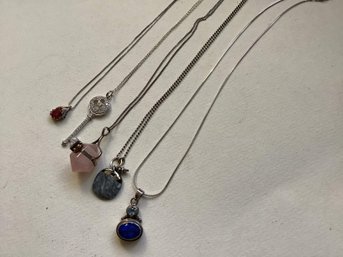 LOT OF 5 STERLING SILVER PENDANT NECKLACES W/NATURAL FAUX STONES