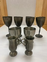 LOT OF 8 PEWTER GOBLETS ETC.  MARKED