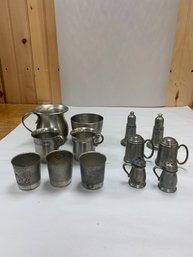 LOT OF 13 PEWTER SALT AND PEPPERS, CUPS