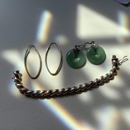 STERLING SILVER LOT 2 PAIRS OF EARRINGS(1 WITH JADE),BRACELET    39 GRAMS