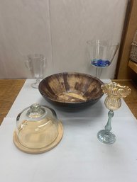 MISC. LOT OF CHEESEBOARD/DOME, CELERY HOLDER, WOOD BOWL, CANDY DISH, ETC