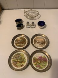 MISC. LOT OF SILVERPLATED ITEMS COBALT BLUE SALTERS ETC