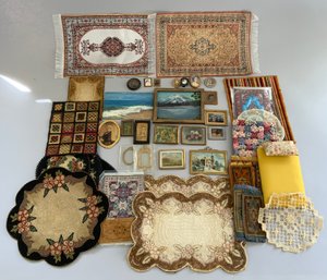 Tray Lot Of Doll House Pictures, Rugs, Frames, Etc.
