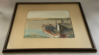 Watercolor Painting Of Fishing Boat On Water Signed By J. Barlow