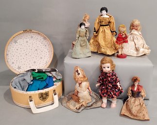 LOT OF 8 SMALL VINTAGE DOLLS W/ MIXED CLOTHES
