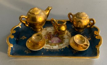 8 Piece Miniature Limoge Gold Tea Set With Hand Painted Serving Tray