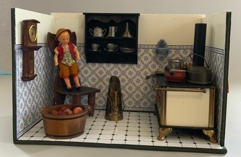 10 Long Miniature Kitchen Room Box, With Stove, And Accessories