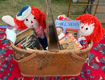 Lot With Basket Of 2 Raggedy Anne & Andy & Seven Early Books Of Raggedy Ann & Andy