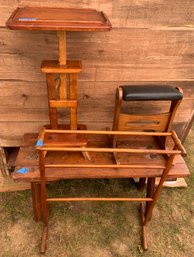 4  Items:  Quilt Rack, Cobblers Bench, Ratchet Candle Stand, Rocking Foot Stool (not Antique)