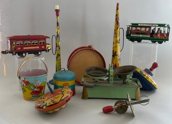 Lot Of Vintage Tin Toys, Drum, Horns, Pail, Tops, Railroad Cars, Mixer, Etc.