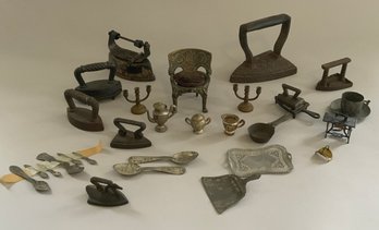 Tray Lot Of Miniature Iron & Tin Items, Sad Irons, Utensils, Etc.