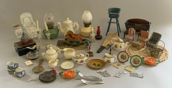 Tray Lot Of Assorted Doll Miniatures, China, Furniture, Fairy Lamps, Etc.