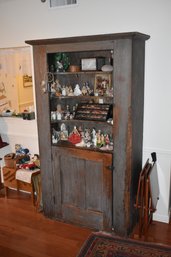 Pine Cupboard, Blue/grey, Old Paint, 4 Curved Shelves On Top With Shelves On Bottom With Door.