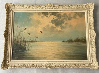 J. Andel O/C Painting Of Ducks Over Marsh At Sunset, Nantucket