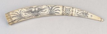 Faux Ivory Scrimshaw Tusk, 'New Bedford 1820' And American Eagle Decoration