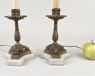 Pair Empire Style Bronze Marble Base Candlesticks