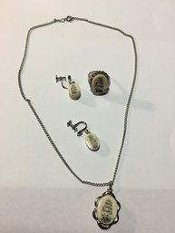 Vintage Costume Necklace Ring And Earrings Set