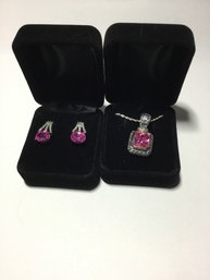 Pink Cubic Zirconia Pendant And Earring Set