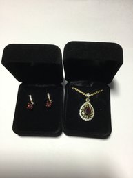 Garnet Pendant And Earring Set