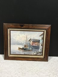 Seaport Oil On Canvas Signed By Artist 22x19