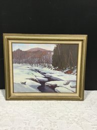 Winter Scene On Canvas Signed By Artist 22x18.5 Overall