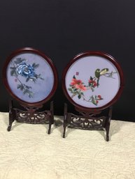 Pair Of 11 Inch Tall Chinese Double Sided Silk And Embroidery.